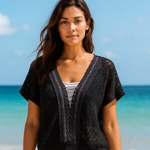 Free People Black Crochet Lace Top Medium Boho Festival Beachwear